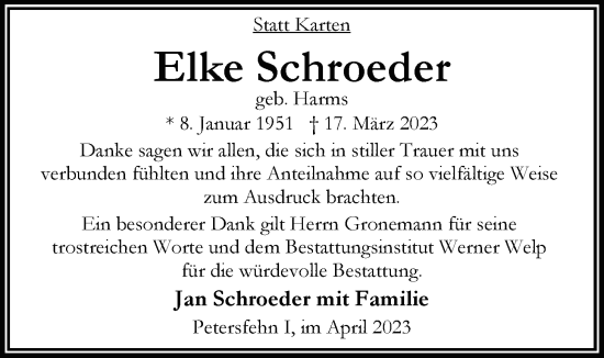 Traueranzeige von Elke Schroeder von Nordwest-Zeitung