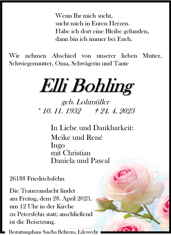 Traueranzeige von Elli Bohling von Nordwest-Zeitung