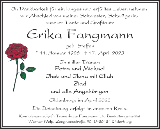 Traueranzeige von Erika Fangmann von Nordwest-Zeitung