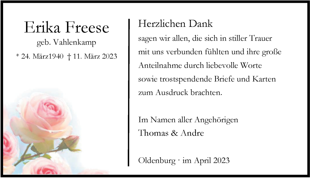  Traueranzeige für Erika Freese vom 22.04.2023 aus Nordwest-Zeitung