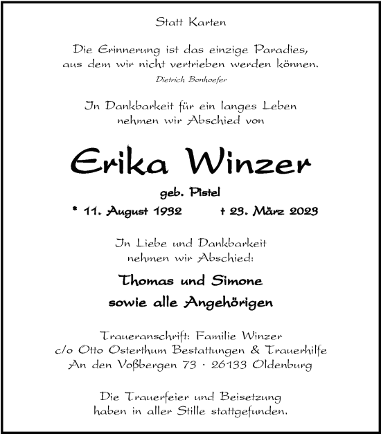 Traueranzeige von Erika Winzer von Nordwest-Zeitung
