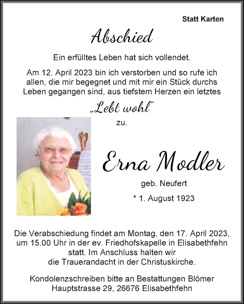  Traueranzeige für Erna Modler vom 15.04.2023 aus Nordwest-Zeitung