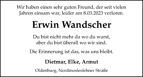 Traueranzeige von Erwin Wandscher von Nordwest-Zeitung