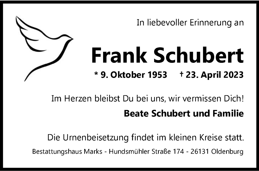  Traueranzeige für Frank Schubert vom 26.04.2023 aus Nordwest-Zeitung