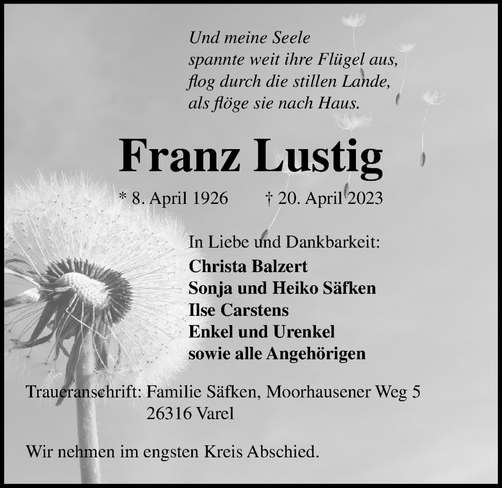  Traueranzeige für Franz Lustig vom 25.04.2023 aus Nordwest-Zeitung