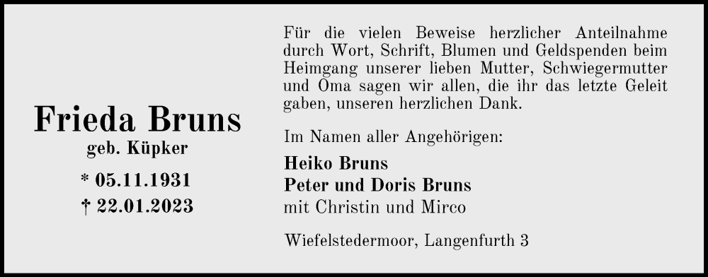  Traueranzeige für Frieda Bruns vom 08.04.2023 aus Nordwest-Zeitung