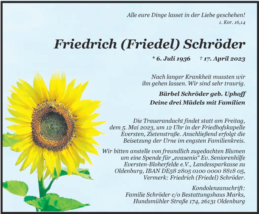  Traueranzeige für Friedrich Schröder vom 29.04.2023 aus Nordwest-Zeitung