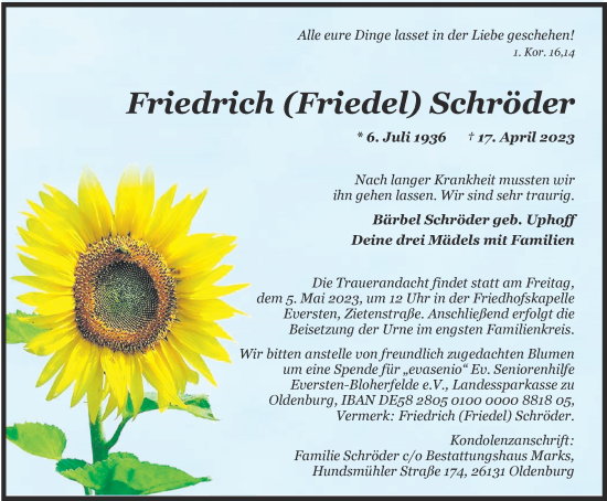 Traueranzeige von Friedrich Schröder von Nordwest-Zeitung