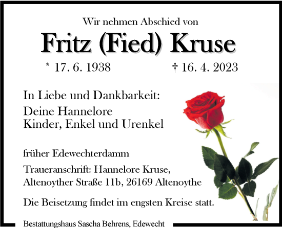 Traueranzeige von Fritz Kruse von Nordwest-Zeitung