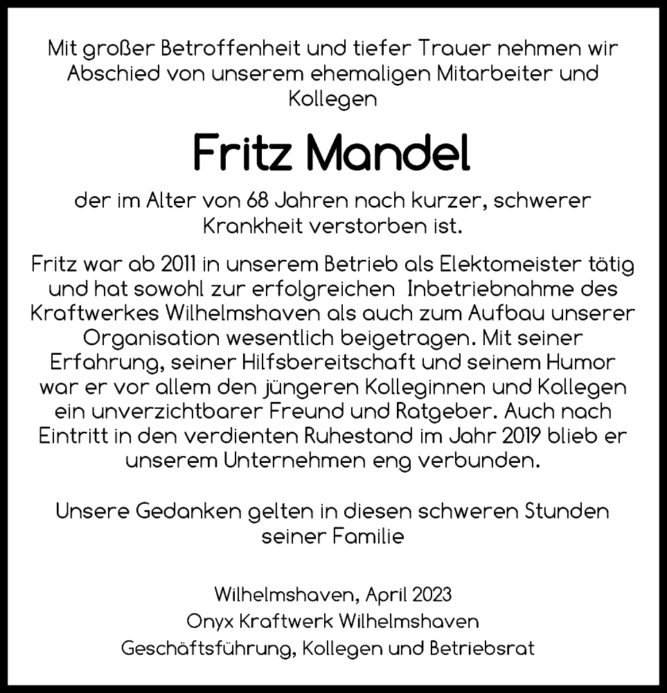  Traueranzeige für Fritz Mandel vom 24.04.2023 aus WZ/JW/AH