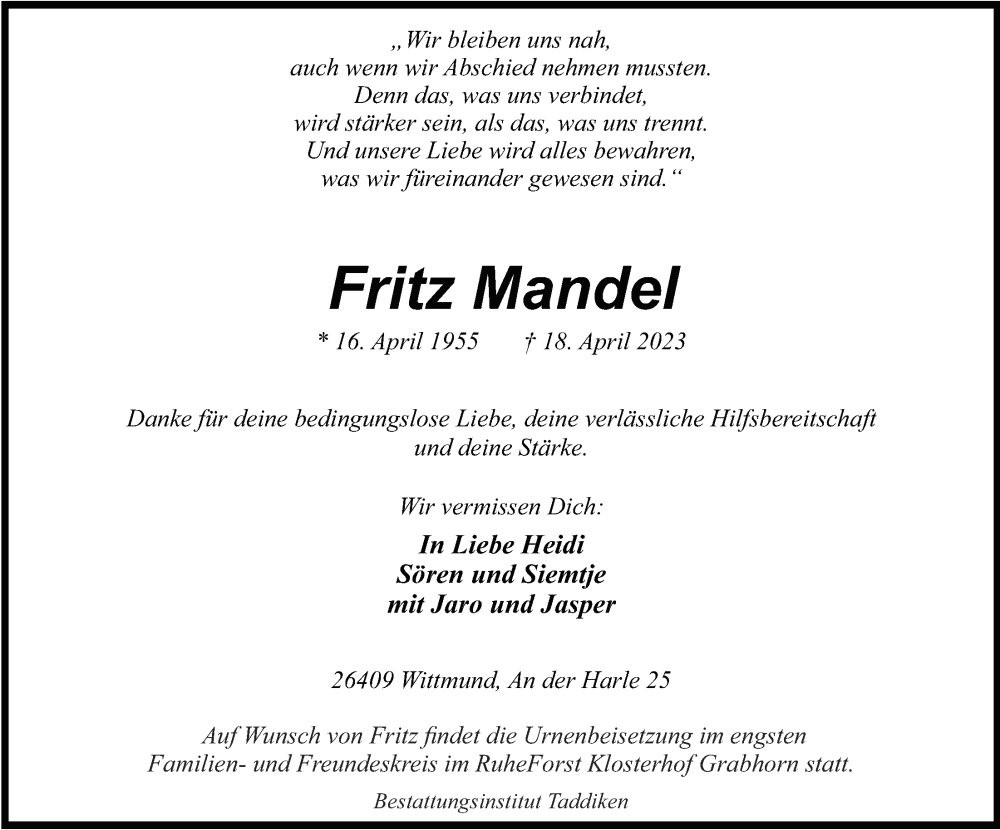  Traueranzeige für Fritz Mandel vom 22.04.2023 aus WZ/JW/AH