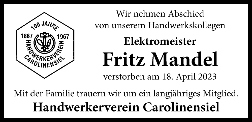  Traueranzeige für Fritz Mandel vom 26.04.2023 aus WZ/JW/AH