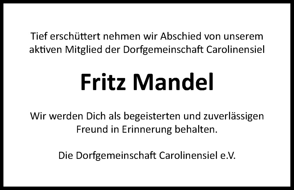  Traueranzeige für Fritz Mandel vom 24.04.2023 aus WZ/JW/AH