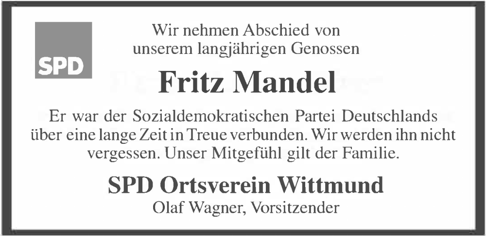  Traueranzeige für Fritz Mandel vom 25.04.2023 aus WZ/JW/AH