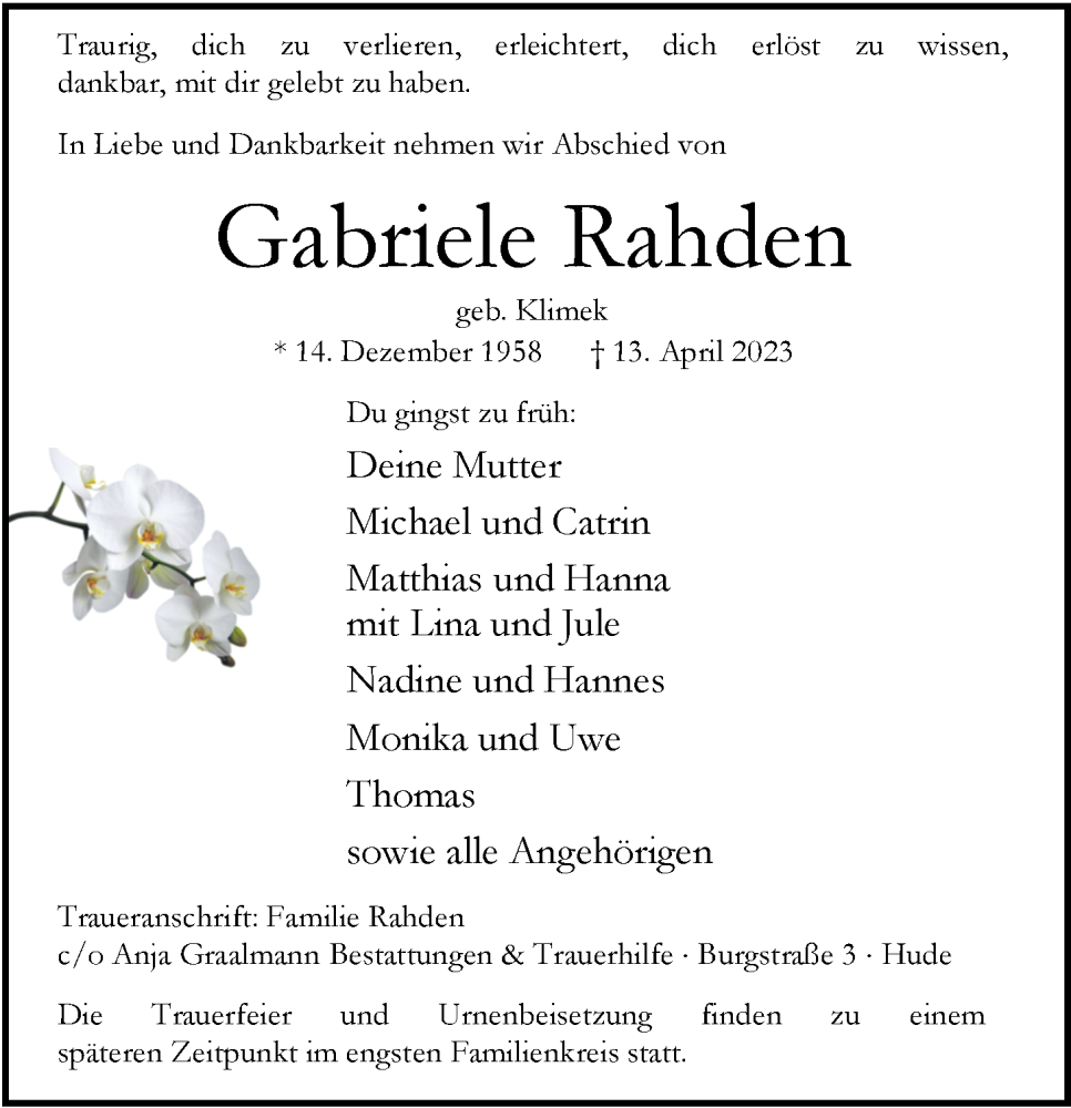  Traueranzeige für Gabriele Rahden vom 21.04.2023 aus Nordwest-Zeitung