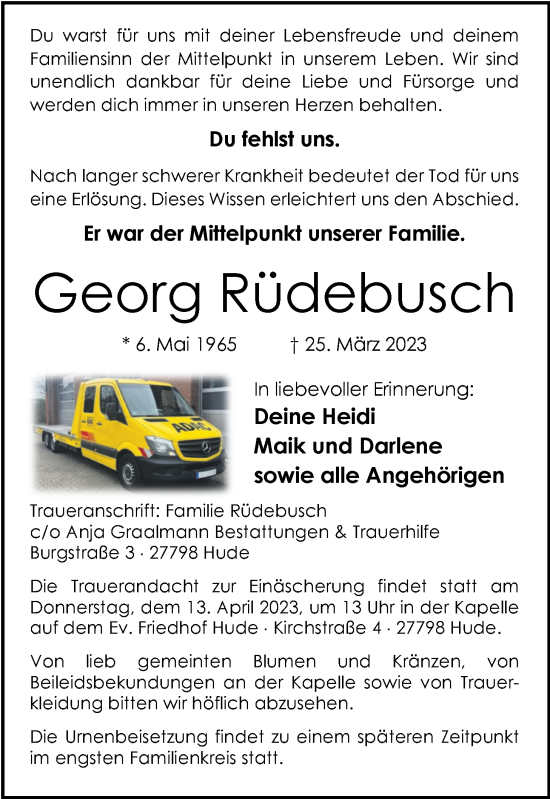 Traueranzeige von Georg Rüdebusch von Nordwest-Zeitung