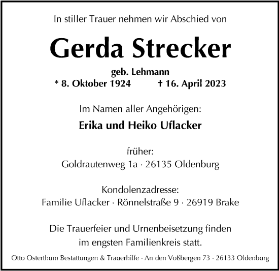 Traueranzeige von Gerda Strecker von Nordwest-Zeitung