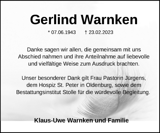Traueranzeige von Gerlind Warnken von Nordwest-Zeitung