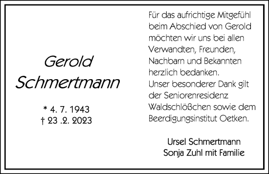 Traueranzeige von Gerold Schmertmann von Nordwest-Zeitung
