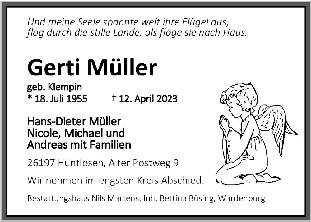  Traueranzeige für Gerti Müller vom 21.04.2023 aus Nordwest-Zeitung