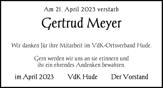 Traueranzeige von Gertrud Meyer von Nordwest-Zeitung