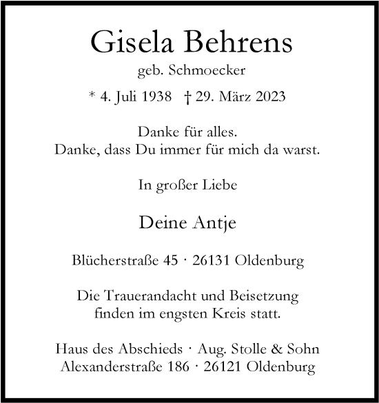 Traueranzeige von Gisela Behrens von Nordwest-Zeitung