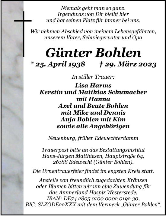 Traueranzeige von Günter Bohlen von Nordwest-Zeitung