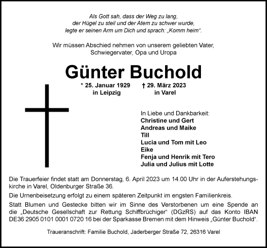 Traueranzeige von Günter Buchold von WZ/JW/AH