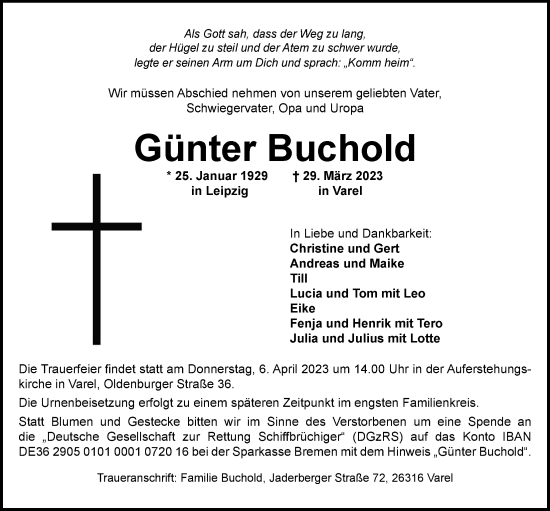 Traueranzeige von Günter Buchold von Nordwest-Zeitung