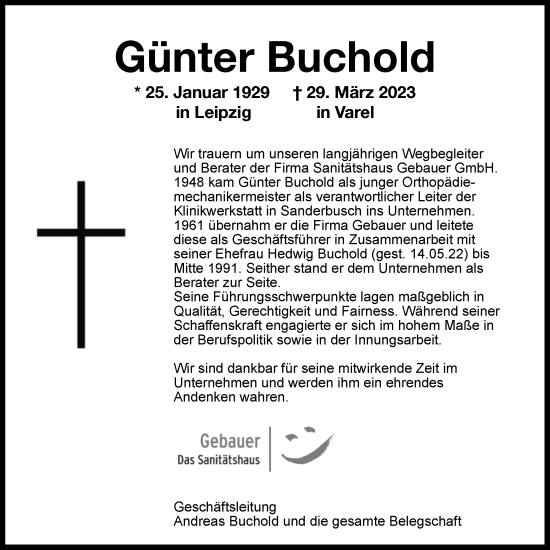 Traueranzeige von Günter Buchold von WZ/JW/AH