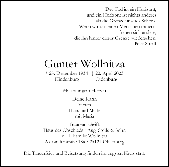 Traueranzeige von Gunter Wollnitza von Nordwest-Zeitung