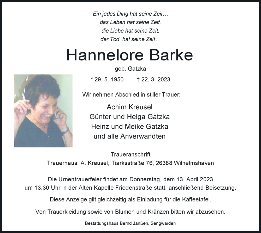  Traueranzeige für Hannelore Barke vom 01.04.2023 aus WZ/JW/AH