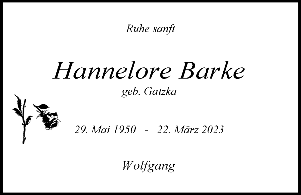  Traueranzeige für Hannelore Barke vom 01.04.2023 aus WZ/JW/AH