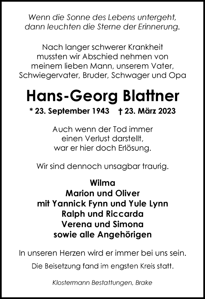  Traueranzeige für Hans-Georg Blattner vom 08.04.2023 aus Nordwest-Zeitung