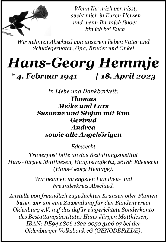 Traueranzeige von Hans-Georg Hemmje von Nordwest-Zeitung