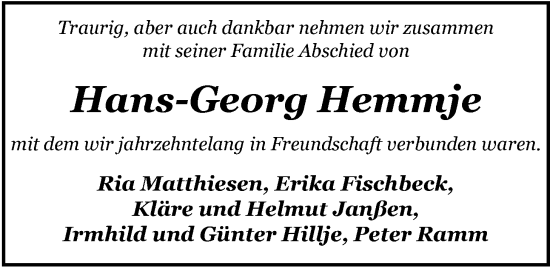 Traueranzeige von Hans-Georg Hemmje von Nordwest-Zeitung