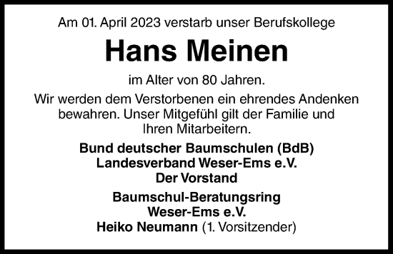 Traueranzeige von Hans Meinen von Nordwest-Zeitung