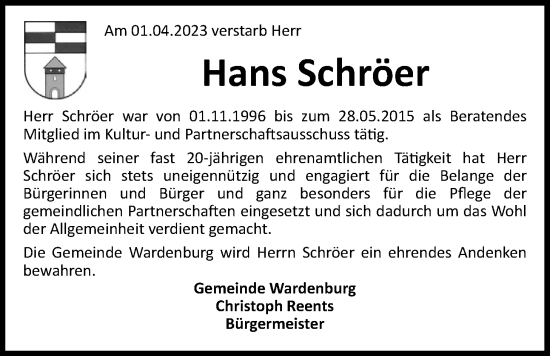 Traueranzeige von Hans Schröer von Nordwest-Zeitung