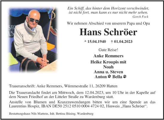 Traueranzeige von Hans Schröer von Nordwest-Zeitung