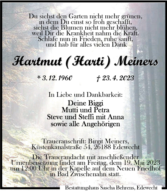 Traueranzeige von Hartmut Meiners von Nordwest-Zeitung