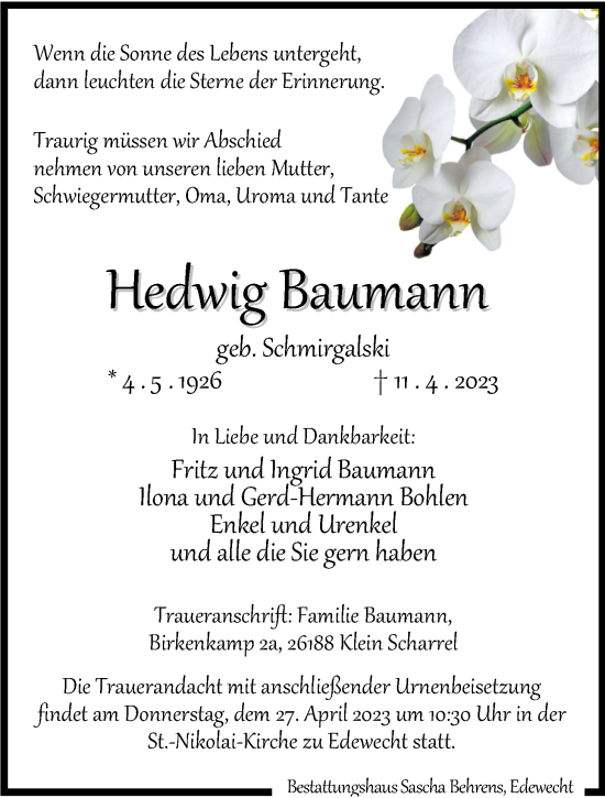 Traueranzeige von Hedwig Baumann von Nordwest-Zeitung