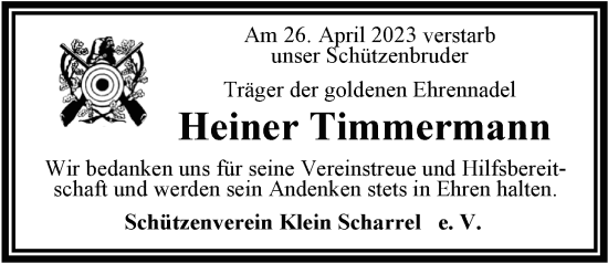 Traueranzeige von Heiner Timmermann von Nordwest-Zeitung