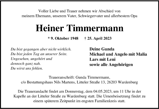Traueranzeige von Heiner Timmermann von Nordwest-Zeitung