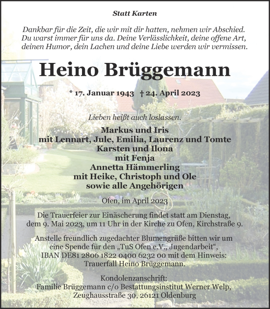Traueranzeige von Heino Brüggemann von Nordwest-Zeitung
