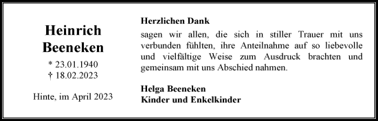 Traueranzeige von Heinrich Beeneken von Emder Zeitung