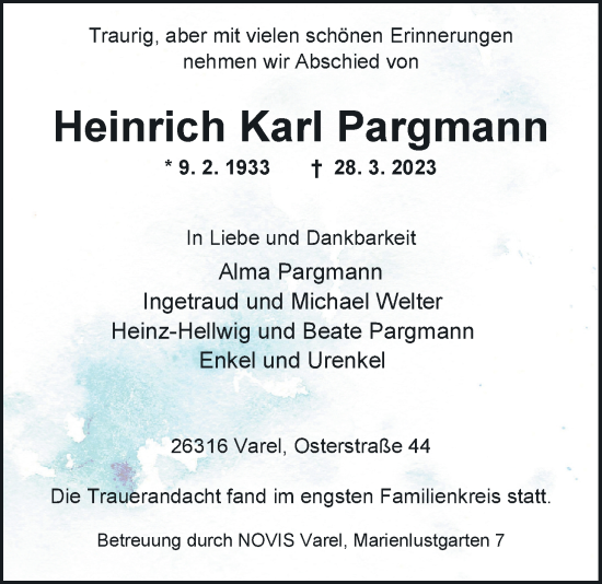 Traueranzeige von Heinrich Karl Pargmann von Nordwest-Zeitung