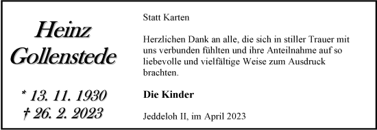 Traueranzeige von Heinz Gollenstede von Nordwest-Zeitung
