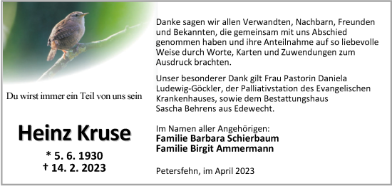 Traueranzeige von Heinz Kruse von Nordwest-Zeitung