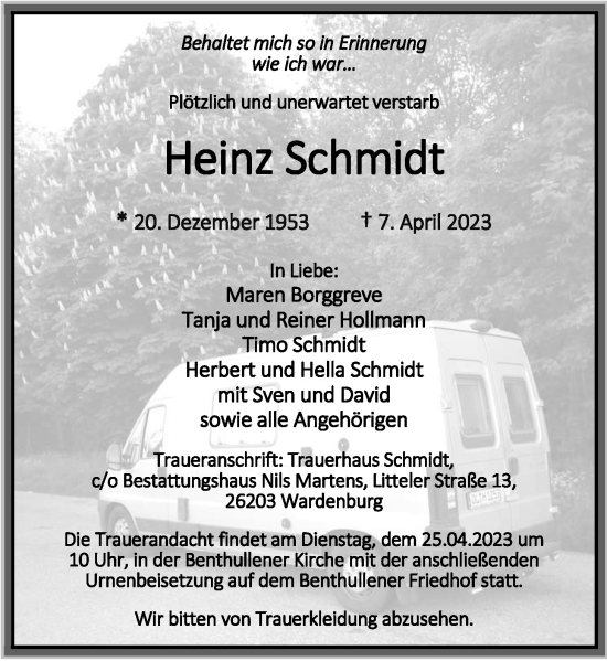 Traueranzeige von Heinz Schmidt von Nordwest-Zeitung