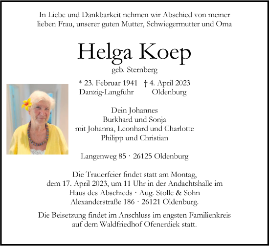Traueranzeige von Helga Koep von Nordwest-Zeitung